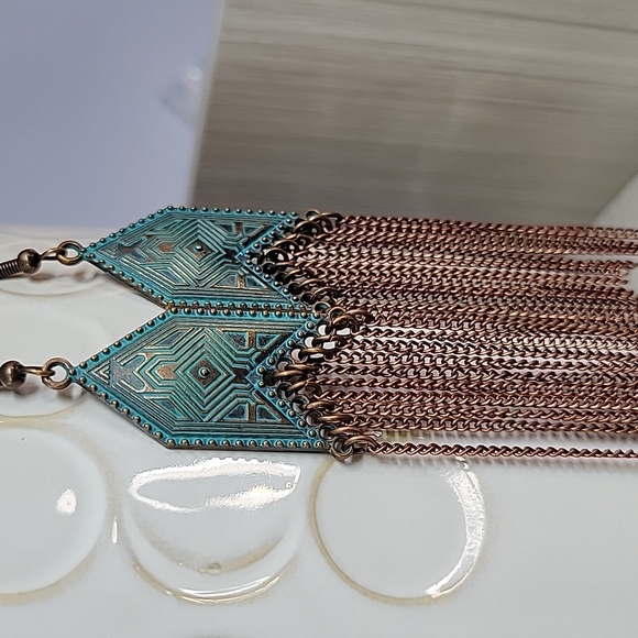 🔥LAST PAIR🔥 Bohemian Verdigris Chain Tassel Drop Earrings - Picture 5 of 8